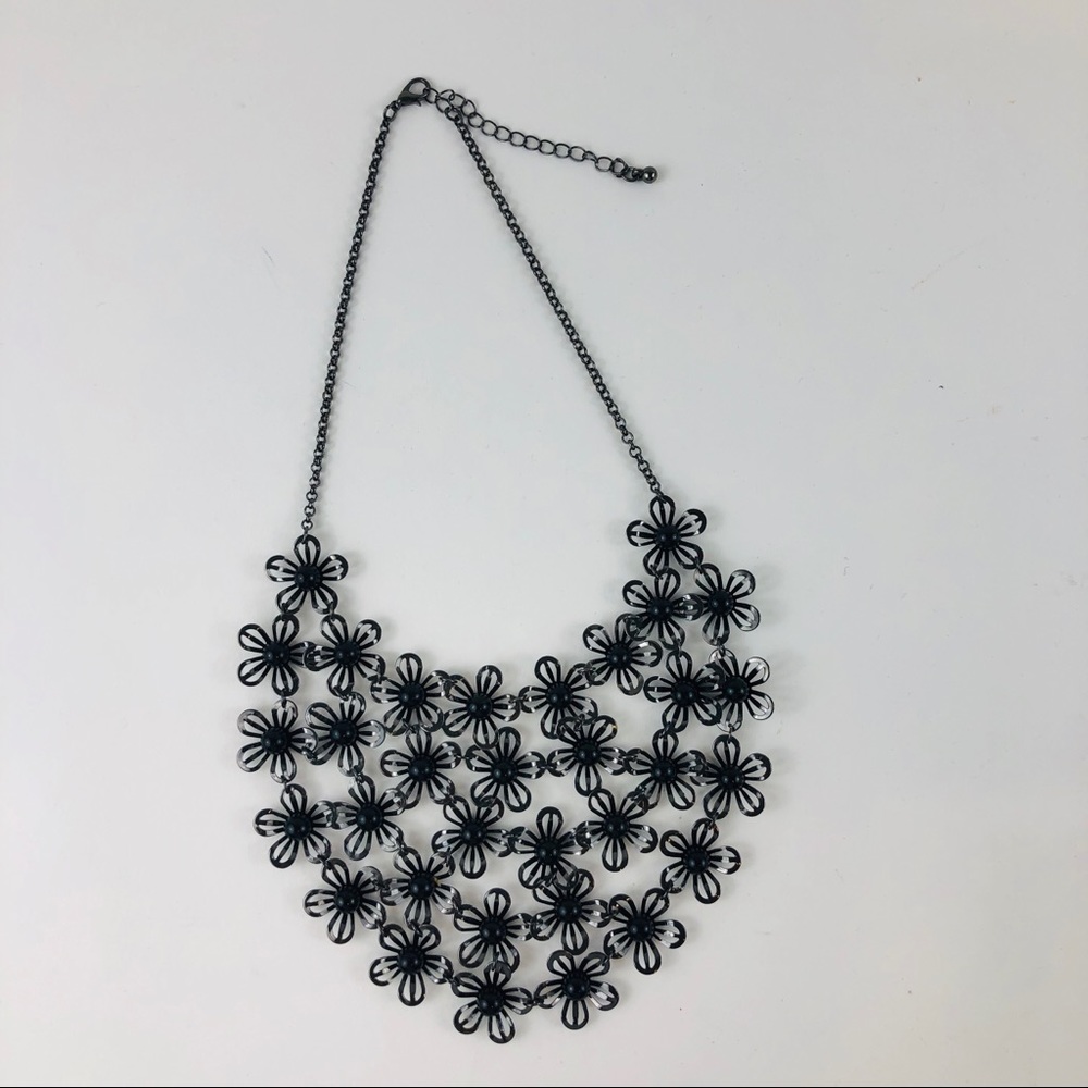 Black Metal Flower and Beaded Necklace